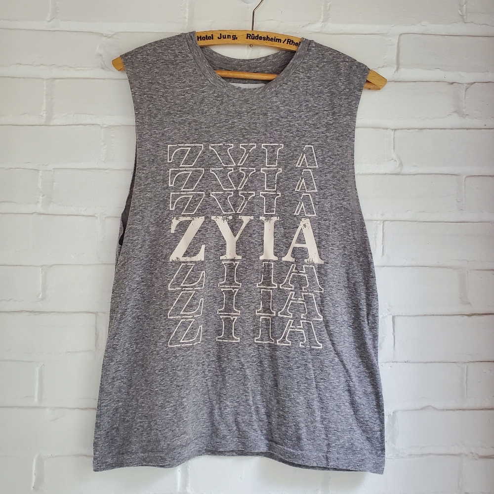 Zyia Gray Tank Top Spell Out Raw Edges Workout Size M